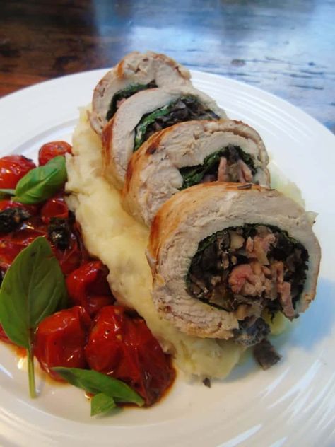 Seriously Easy Stuffed Chicken Ballotine - Basement Bakehouse Chicken Ballotine Recipe, Chicken Ballotine, Easy Stuffed Chicken, Mushrooms And Spinach, Chicken Plating, Roasted Cherry, Tea Health Benefits, Bulgarian Recipes, Healthy Menu