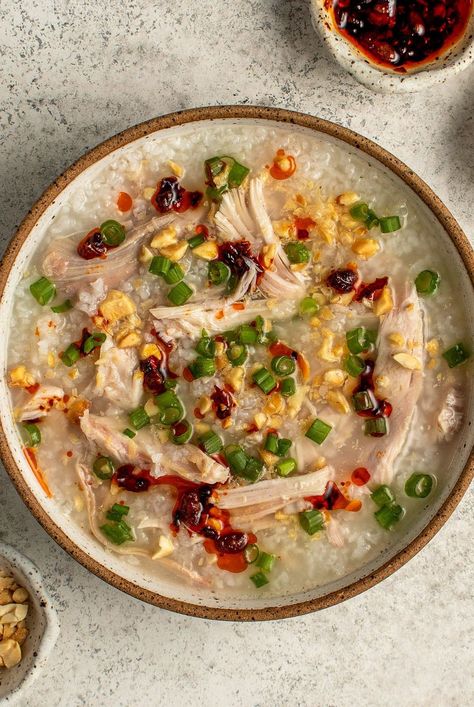 Jook is what the Cantonese call rice porridge. Frequently eaten either at breakfast or as a late-night snack, jook is a comfort food beloved in many Asian cultures—Chinese, Japanese, Malaysian, Thai, Filipino and more. This homey rice porridge is a delicious way to repurpose your turkey carcass. #soups#chili#stews#souprecipes#healthysoup#healthyrecipes#comfortfood Thai Porridge, Turkey Jook Recipe, Savory Oatmeal Recipes, Luau Food, Savory Oatmeal, Savory Rice, Rice Porridge, Vegetable Stir Fry, Big Meals