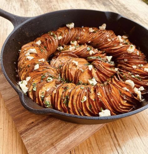 Spiral Greek Sweet Potato Bake - Dan and Steph Sweet Potato Ratatouille, Greek Sweet Potato, Sweet Potato Bake, Oven Top, Large Fries, Potato Bake, African Heritage, Baked Sweet Potato, Fresh Rosemary