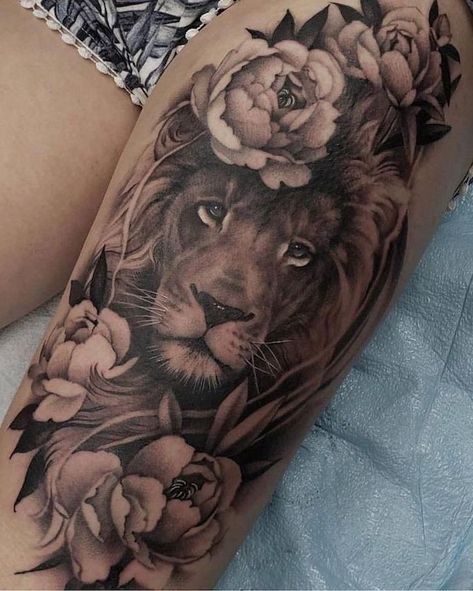 lion-surrounded-by-flowers-leg-tattoo-ideas-black-white-shorts Lion Leg Tattoo, Lion Tattoo On Thigh, Lioness Tattoo, Lion Tattoo Sleeves, Flower Tattoo Drawings, Lion Head Tattoos, Beautiful Flower Tattoos, Leo Tattoos, Hip Tattoos Women