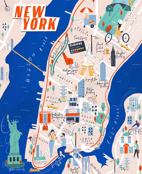 (7) New York Inky Map | Skillshare Projects Manhattan Map Illustration, Tourist Map Design, Illustration Map Design, New York Map Illustration, City Illustration Design, Travel Map Illustration, Map Art Illustration, Maps Illustration Design, Tom Froese