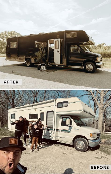 Rv Flip Camper Makeover, Rv Restoration, Black Rv Exterior, Rv Flip, Moody Rv Interior, Vintage Rv Remodel, Renovated Rv, Rv Home, Rv Renovation