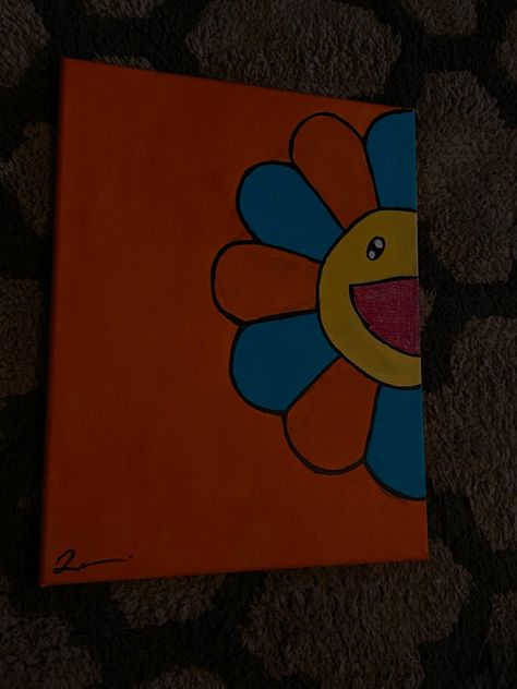 Kaws Flower Drawing, Kaws Sketch Easy, Murakami Painting Canvas, Orange Canvas Painting Ideas, Murakami Flower Drawing, Takashi Murakami Painting Canvas, Kaws Painting Easy, Takashi Murakami Painting, Cartoon Flower Painting