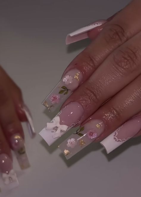 Long Girly Nails, Pink Latina Nails, Quince Nails Pink, Xv Nails, Baby Pink Nails Acrylic, Marble Acrylic Nails, Latina Nails, Quince Nails, Quinceanera Nails