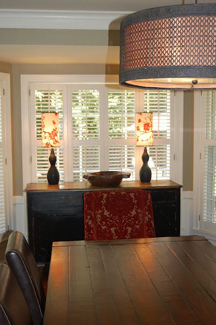 white shutters on windows with the buffet in front is very crisp looking. Buffet In Front Of Window Dining, Buffet Table In Front Of Window, Buffet Under Window, Sideboard In Front Of Window, Buffet In Front Of Window, Furniture In Front Of Window, Front Room Design, Buffet Table Decor, Coastal Dining