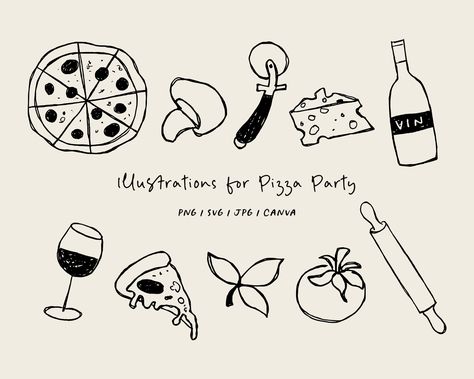 Back Print Design, Hand Drawn Illustration Style, Hand Drawn Doodles, Pizza Sketch, Dinner Doodle, Pizza Doodle, Restaurant Illustration, Restaurant Graphic Design, Hand Drawn Elements