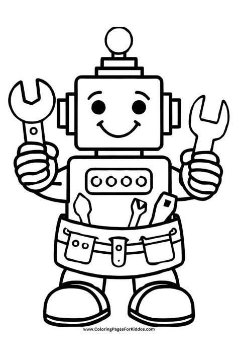 A robot mechanic holding two wrenches and wearing a utility belt filled with tools. Robot Printable, Robot Crafts, Robot Coloring Pages, Robot Coloring, Robot Craft, Art Time, Stem Steam, Simple Machines, Coloring Activity