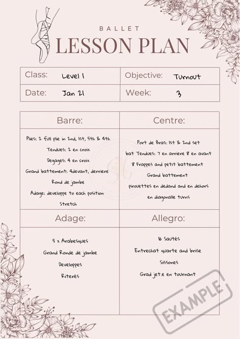 Ballet Lesson Planner Downloadable Planner for Ballet - Etsy Canada Ballet Checklist, Beginner Ballet Lesson Plans, Ballet Lesson Plans, Ballet 101, Dance Tools, Ballet For Kids, Ballet Dictionary, Dance Terminology, Ballet Routine