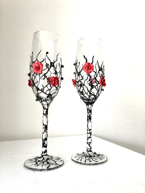 Wedding Halloween Flutes Black with Red Roses Black hand painted personalization possible Black And Red And White Wedding, Black And Red Wedding Theme Decor, Red Black And Silver Wedding Ideas, Black And Red Themed Wedding, Halloween Masquerade Wedding, Black And Wine Red Wedding, Rose Theme Wedding, Black Red Wedding Theme, Black And Red Bouquet Wedding