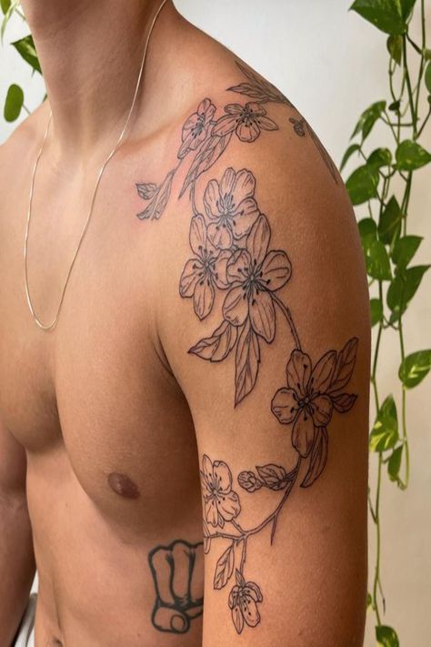 Wildflower Tattoo For Men, Symbols Of Life Tattoo, Earthy Shoulder Tattoo, Black Ppl Tattoos, Filipino Arm Tattoo, Men Flower Tattoo Sleeve, Flower Tattoo Men Arm, Peony Tattoo Men, Front Shoulder Tattoo Men