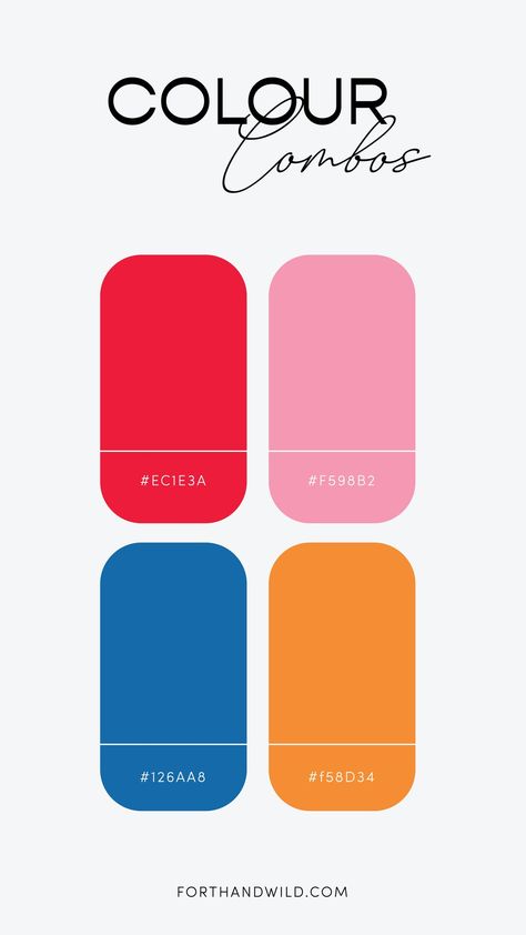 Colour palette made up of pink, red, blue and yellow. Bold Colour Palette, Hex Color Palette, Color Palette Yellow, Red Color Schemes, Red Colour Palette, Pink Color Schemes, Pink Palette, Blue Palette, Colour Combos