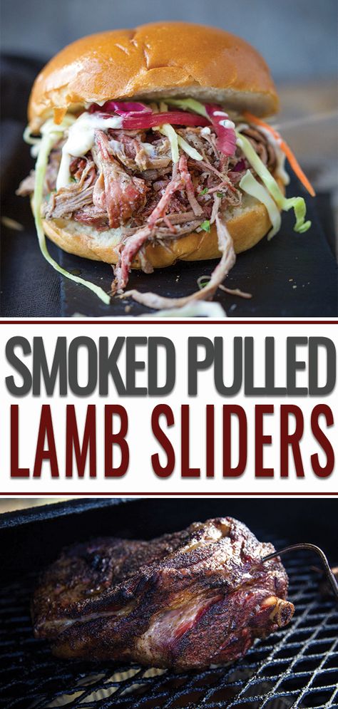 Smoked Pulled Lamb Sliders. Lamb Shoulder slow smoked to perfection, then tenderly pulled for incredible pulled lamb sliders. #smokedlamb #lambrecipes #lambshoulder #vindulge Smoked Lamb Shoulder, Rosemary Aioli, Lamb Sandwich, Lamb Sliders, Pulled Lamb, Smoked Lamb, Smoker Ideas, Bbq Lamb, Bbq Tips