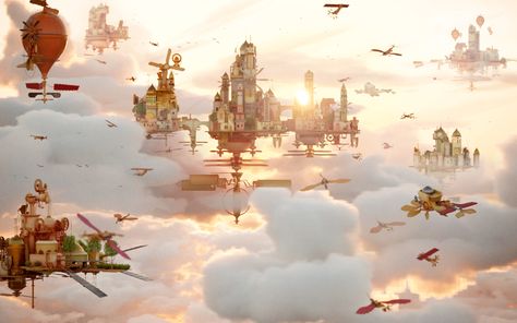 ArtStation - Airborne Kingdom - Demo, Chee Fong Flying City Fantasy Concept Art, Cloud World, Cloud Kingdom, City Builder, Dnd Backgrounds, Floating City, My Fantasy World, Fantasy Places, Watercolor Art Lessons