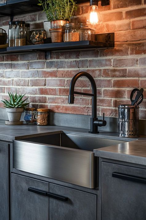 Discover the latest kitchen design featuring exposed brick, sleek black fixtures, and ample storage. This industrial chic style brings a cozy yet modern vibe to your home. Perfect for culinary enthusiasts! #KitchenDecor #HomeDesign #IndustrialStyle Black Kitchen Exposed Brick, Kitchen Design Brick Wall, Brick Backsplash Black Cabinets, Black And Brick Kitchen, Industrial Kitchen Apartment, Industrial Kitchen Decor Ideas, Black Brick Kitchen, Exposed Brick Kitchen Backsplash, Industrial Kitchen Backsplash