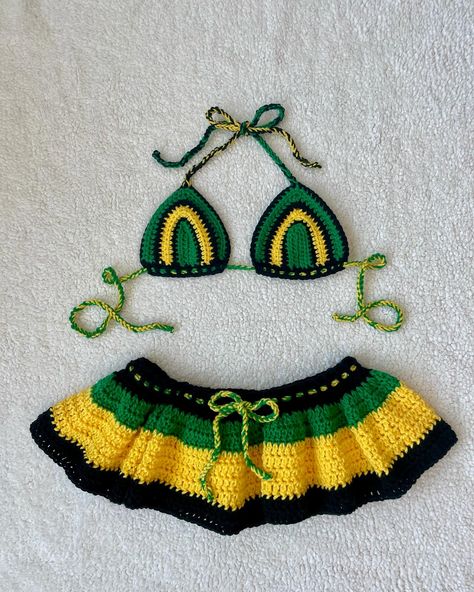 Jamaican Mini Skirt Set. 🫶🏽🇯🇲 DM ME TO ORDER 🛍️ #stitch26fiberco #stitch26 #stitchedbyadri #crochet #jamaica #crochetersoftiktok #crochettiktok #handmade #ootd #grwm #knit #dallas #texas #bikini Jamaica Crochet, Jamaican Crochet, Grunge Baddie, Crochet Two Piece, Handmade Swimwear, Crochet Baby Dress Pattern, Crochet Swim, Crochet Crop Top Pattern, Mode Crochet