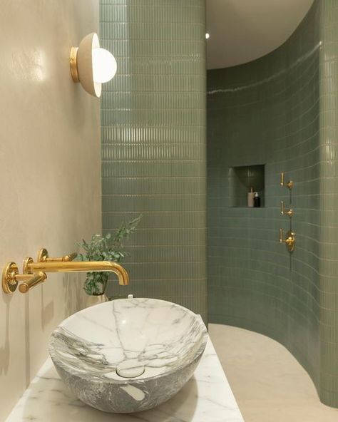 Claybrook UK on Instagram: "Client Focus: @luxeprojectslondon The guys from @luxeprojectslondon describe this as being ‘quite possibly our favourite en-suite shower room ever’ and we can see why. The use of our Zeze kit-kat style glazed mosaics on the curving wall has been executed brilliantly, and is achieved in a straightforward way as the tiles are on a mesh backing. The olive-green Bonsai colourway pairs so elegantly with the stone and marble, and has even been used within the recessed storage. Try our East Haven marble tiles alongside the Zeze; they look lovely together. Free samples of the mosaics and marble collections are available to order easily from our website. #claybrookstudio #claybrook #claybrooktiles" Recessed Storage, Green Tile Bathroom, En Suite Shower Room, Curved Walls, Mosaic Wall Tiles, Window Dressings, Green Tile, The Guys, Marble Tiles