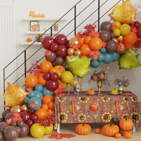 PRICES MAY VARY. Fall Balloon Garland Kit: Including 4pcs 50x42cm Maple Leaves foil balloons; 25pcs orange latex balloons; 25pcs brown latex balloons; 25pcs Mustard Yellow latex balloons; 25pcs Burgundy latex balloons; 25pcs dusty blue latex balloons; 20pcs metallic gold latex balloons; 50pcs fake Maple Leaves; 3pcs accessories Premium Material: All of our latex balloons are made of natural non-toxic latex. All materials are of high quality and good safety, please feel easy to use. With thick sk Fall Balloon Garland, Harvest Birthday Party, Friendsgiving Decorations, Pumpkin Birthday Parties, Thanksgiving Party Decorations, Fall Harvest Party, Thanksgiving Friendsgiving, Small Balloons, Pumpkin Birthday