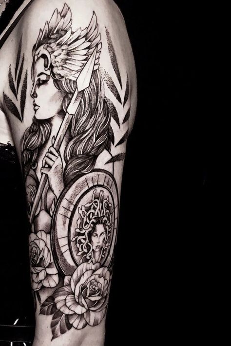 Athena Tattoo Ideas Athena Sleeve Tattoo, Athena Medusa Tattoo, Valkyrie Tattoo Sleeve, Athena Tattoo Goddess Sleeve, Amazon Warrior Tattoo, Indian Lady Tattoo, Valkaryie Tattoo, Ephesians Tattoo, Woman Warrior Tattoo Goddesses