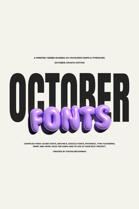 This month, I’ve pulled these super cool fonts from Envato Elements! From Display Typefaces to Retro Fonts!

#graphicdesign #fonts #3dfonts #typography #seriffonts #sansserif #envatoelements #branddesign #freefonts #uniquefonts #funfonts 3d Font Design, Aesthetic Bold Font, August Font, Typography Design Poster, Big Bold Font, Funky Adobe Fonts, Retro Design Graphic, 3d Font Illustrator, 3d Fonts