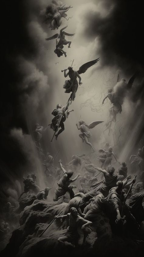 Angels Vs Demons Battle, Past And Future Illustration, Angelic Wallpapers Aesthetic, Black And White Jesus Aesthetic, Dark Jesus Wallpaper, Dark Greek Aesthetic, Yunani Art, Falling Angel Wallpaper, Black Angel Wallpaper