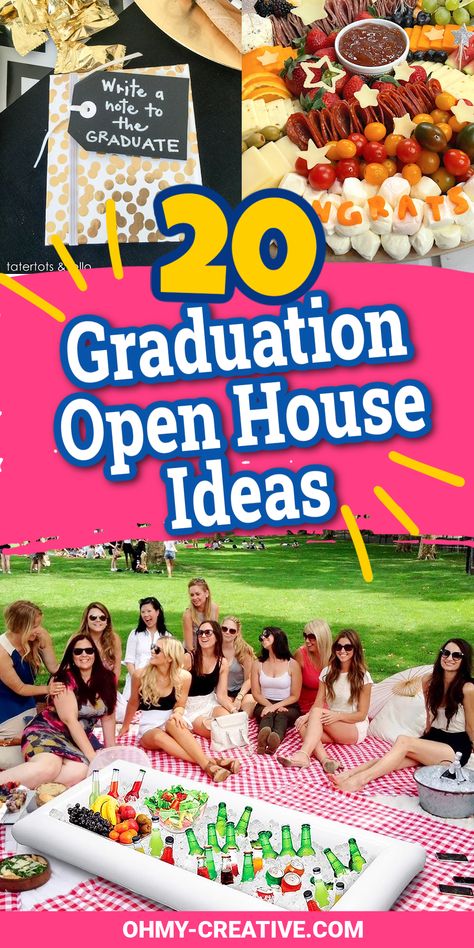 Discover 20 creative and easy graduation open house ideas to make your celebration unforgettable! From decorations to food and entertainment, create the perfect atmosphere for your grad's special day. Find inspiration for grad party decorations, activities, and food to create a festive atmosphere that celebrates their achievements in style. So many great ideas for this school celebration honoring the graduate! #GraduationPartyIdeas #OpenHouseCelebration Grad Open House Ideas, High School Graduation Open House Ideas, Senior Open House Ideas, Graduation Open House Food, At Home Graduation Party, Graduation Open House Decorations, Graduation Open House Ideas, Open House Ideas For Seniors, Open House Party Food