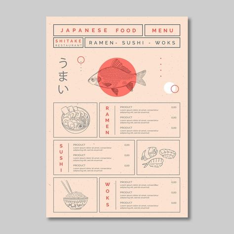 Menu template for japanese food restaura... | Free Vector #Freepik #freevector Instagram Menu Post, Japan Menu Design, Menu Design Aesthetic, Menu Aesthetic Design, Japanese Restaurant Menu Design, Asian Menu Design, Japanese Restaurant Menu, Menu Design Layout, Restaurant Graphics