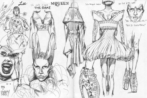 Spent three hours drawing in the Alexander McQueen retrospective show, ‘Savage Beauty’, at the Met yesterday. It was so much fun to sit and draw with some of his work, and it was great talking to guests and patrons about what they thought. Even without a prior understanding of fashion or McQueen’s importance, people are thoughtful and appreciative. The lack of pretension was refreshing. | MICHAEL HOEWELER Fashion Portfolio Layout, Textiles Sketchbook, Fashion Drawing Sketches, Fashion Design Sketchbook, Fashion Design Portfolio, Fashion Sketchbook, Fashion Illustration Sketches, Fashion Portfolio, Illustration Fashion Design