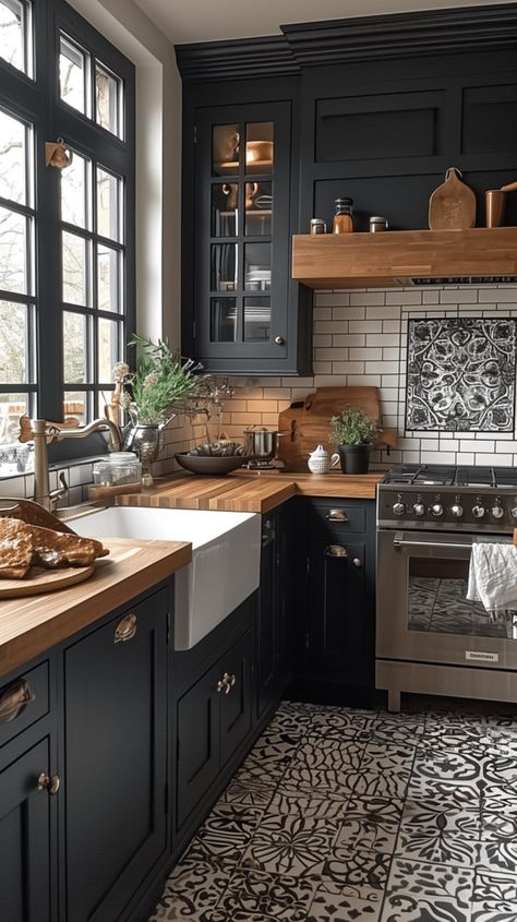 30 Dark Grey Kitchen Cabinets Designs: The Ultimate Guide Small Dark Kitchen Ideas, Dark Farmhouse Decor, Dark Farmhouse Kitchen, Dark Grey Kitchen Cabinets, Moody Kitchen, Dark Grey Kitchen, Black Kitchen Cabinets, Grey Kitchen Cabinets, Boho Kitchen