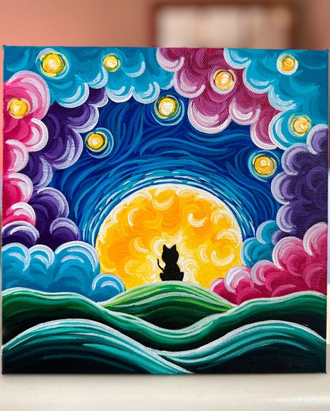 I’M VERY LUCKY to have kids who never cease to inspire me! As long as they’re around I’ll never suffer from artist block 😅 Joey came up with this idea for a painting and I just had to make it come true for him. The kid loves kitty cats and kitty cats love him! Ben was the mastermind behind the UFO painting (which was a huge hit at Art Walk!) - don’t worry, I always divy up the profits with them 😜 #momswhopaint #creativemotherhood #motherhoodrising #doitfortheprocess #canadianartist Cat And Moon Painting, Cat And Moon, Painting Cat, Moon Cat, Art Night, Positive Art, Cosmic Art, Star And Moon, Round Canvas