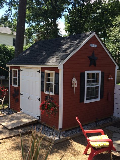 Sherwin Williams Cape Cod Red Woodscape stain...love this color! Red Shed Ideas, Shed Painting Ideas Exterior Colors, Red Sheds, Cabin Ideas Exterior, Red Vinyl Siding, Shed Exterior Ideas, Painted Garden Sheds, Cabin Colors, Easy Shed