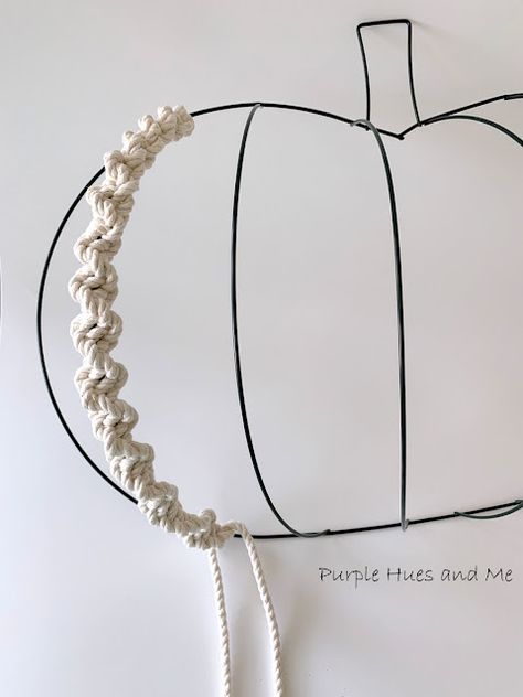 Macrame Wire Wreath, Fall Macrame Ideas, Macrame Pumpkin, Macrame Wire, Crochet Pompom, Wire Pumpkin, Pumpkin Wreath Diy, Dollar Tree Pumpkins, Fall Pumpkin Crafts