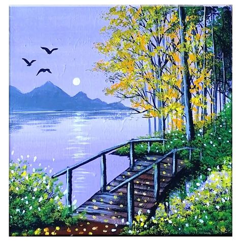 Bridge Painting Acrylic Simple, Painting Bridges Acrylic, Bridge Painting Acrylic, Easy Bridge Painting, Covered Bridge Painting Tutorial, Bridge Art Paintings, Sunset Bridge Painting, Bridge Canvas Painting, Covered Bridge Painting