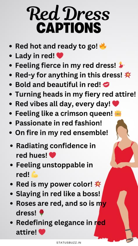 50+ Red Dress Captions And Quotes | StatusBuzz Caption For Red Outfit, Red Outfit Captions For Instagram, Saree Quotes For Instagram, Red Dress Captions For Instagram, Red Dress Quotes, Badass Captions, Hastag Instagram, Red Dress Captions, Story Captions