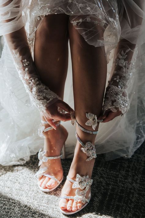 Wedding Heels Butterfly, Dream Wedding Heels, Wedding Shoes Butterfly, White Butterfly Wedding Dress, Butterfly Themed Wedding Dress, Butterfly Wedding Shoes, Butterfly Wedding Dresses, Wedding Butterfly Theme, Wedding Dresses Butterfly