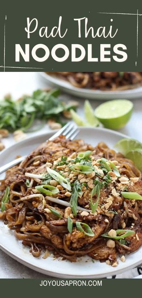 Pad Thai Noodles - A popular easy Thai stir fry noodle dish! Rice noodles tossed in a complex and unique savory, sweet, and sour sauce with a slight kick. So much great flavors and textures! Pad Thai Noodle, Thai Rice Noodles, Pad Thai Sauce, Pad Thai Noodles, Pad Thai Recipe, Spicy Rice, Thai Noodles, Noodle Dish, Stir Fry Noodles