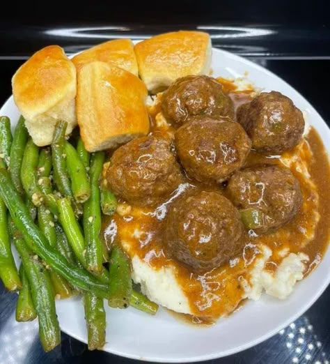 Smothered Meatballs and Gravy over Mashed Potatoes Recipe - Grandma's Homemade Goodness Smothered Meatballs, Salisbury Steak With Onion Gravy, Meatballs And Gravy, Over Mashed Potatoes, Mashed Potatoes Recipe, Soul Food Dinner, Onion Gravy, Homecooked Meals, Salisbury Steak