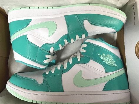 WMNS NIKE Air Jordan 1 Mid Washed Teal Mint Foam Shoes - WMNS Size 12 **CONFIRMED SHIPPED PRESALE** - Ships Immediately when received!! (Expected IN HAND by Wed. 7/27). Dressed in a Washed Teal, White, and Mint Foam color scheme. This offering of the Air Jordan 1 Mid comes constructed in a full leather build featuring a White base with Green overlays and a pastel shade of Green on the Swooshes, tongue tags, Wings, and rubber outsole. White nylon tongues, laces, and midsole completes the design. Cute Air Jordans, Air Jordan 1 Custom, Teal Jordans, Shoes Nike Dunks, Jordan 1 Custom, Cute Jordans, Custom Air Jordan 1, Teal Nikes, Teal Shoes