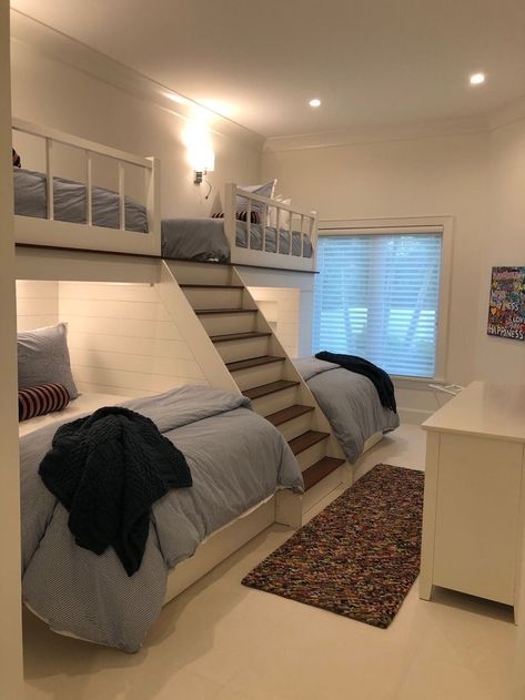 Double Bunkbed Ideas, Small Bedroom With Multiple Beds, Double Side Bed, Twin Bedroom Bunk Beds, Double Cabin Bed, Double Over Double Bunk Bed, Pullout Bed Ideas, Double Bed With Bunk On Top, Bunk Bed Queen And Twin