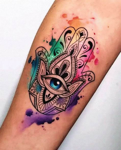 Pretty Space Tattoos, Belizean Tattoos Ideas, Hamsa With Chakras Tattoo, Colorful Hamsa Tattoo, Colorful Chakra Tattoo, Hasma Tattoos For Women Arm, Hamsa Wrist Tattoo, Hamsa Hand Tattoo For Women, Love Sleeve Tattoo