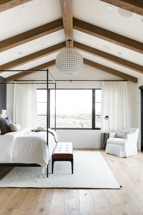 Modern Rustic Bedrooms, Rustic Bedroom Design, Suite Ideas, Primary Suite, Farmhouse Master, Chandelier Bedroom, Studio Mcgee, Wooden Beams, Wood Beams