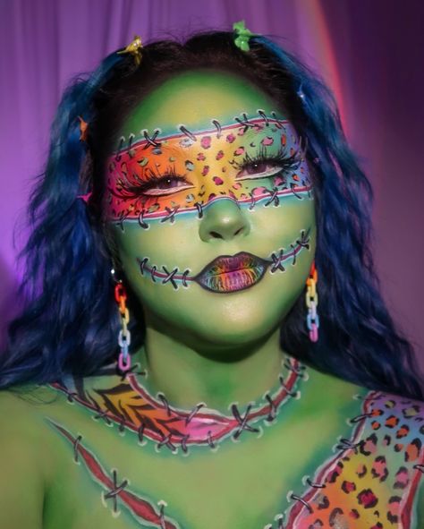 Lisa Frank-enstein (not the movie lol) 😂 🩷🧡💛💚🩵 Ib @twistinbangs lips @beatsbydeb @mehronmakeup clown white, paradise FX neon paint palette, red, white & black paradise paints @blendbunnycosmetics blends palette @glisten_cosmetics green + yellow spectra bases @hudabeauty @hudabeautyshop ex-wife liquid lip . . . #lisafrank #frankenstein #halloweenmakeupideas #halloweenmakeup #bodypaint #facepaint #makeupideas #makeuplook