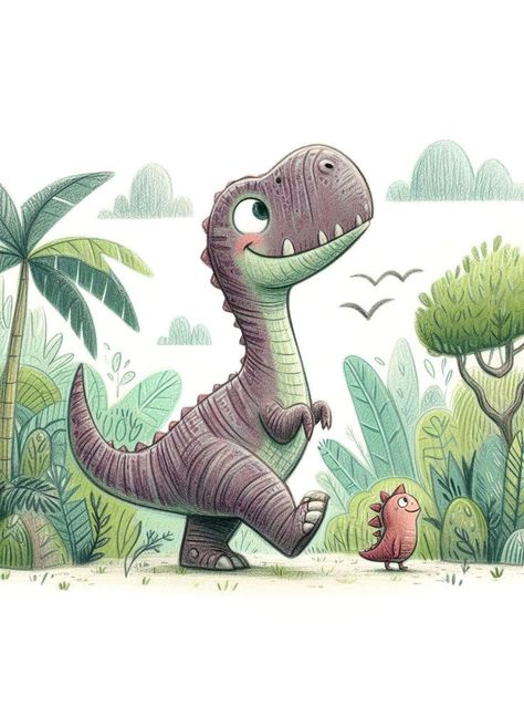 Paintings Of Dinosaurs, Dino Illustration Cute, Cute Dinosaur Illustration, Cute Dinosaur Painting, Dino Painting, Cute Dinosaur Drawing, Dinosaurs Illustration, Dino Illustration, Dinosaur Artwork