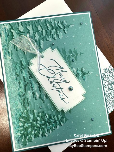 Stampin’ Up! Frosted Forest Christmas Card with Shimmery Embossing – Inky Bee Stampers Su Frosted Forest, Vellum Christmas Cards Ideas, Stampin Up Painted Trees, Stampin Up Peaceful Evergreen Cards, Su Frosted Forest Cards, Stampin Up Painted Trees 3d Embossing Folder, Painted Trees Embossing Folder, Peaceful Evergreens Su Cards, Stampin Up Merriest Trees Cards