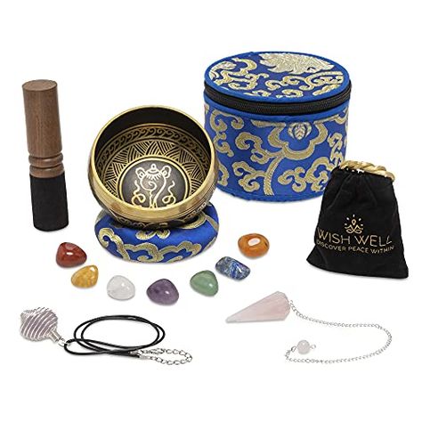 Wish Well Tibetan Singing Bowl Set ~ 4" Sound Bowl with 7 Chakra Crystal Stones, Rose Quartz Pendulum, Fabric Case, Cushion, & Mallet ~ Perfect For Meditation, Yoga, Spiritual Healing, & Mindfulness Smudging Prayer, Meditation Bowl, Yoga Spiritual, Meditation Accessories, Spiritual Yoga, Sound Bath, Tibetan Singing Bowls, Singing Bowl, 7 Chakra