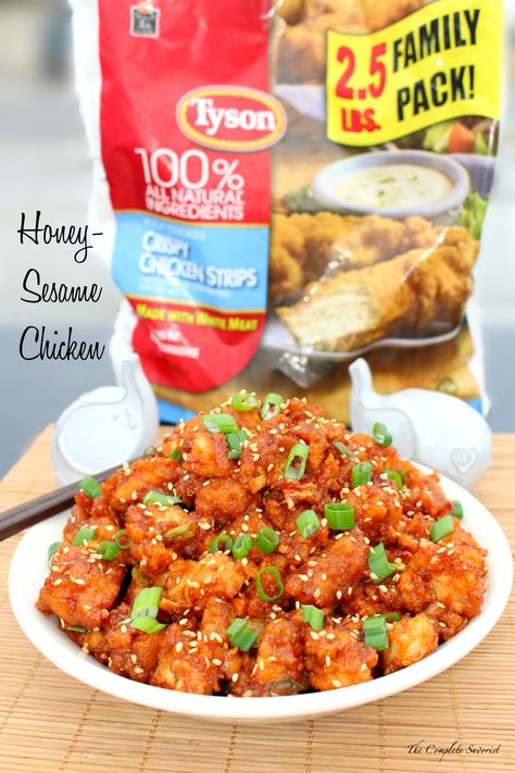 Quick Honey Sesame Chicken ~ The Complete Savorist Tyson Chicken Recipes, Tyson Chicken, Chicken Strip Recipes, Honey Sesame Chicken, Honey Sesame, Sesame Chicken Recipe, Popcorn Chicken, Sesame Chicken, Asian Inspired Recipes