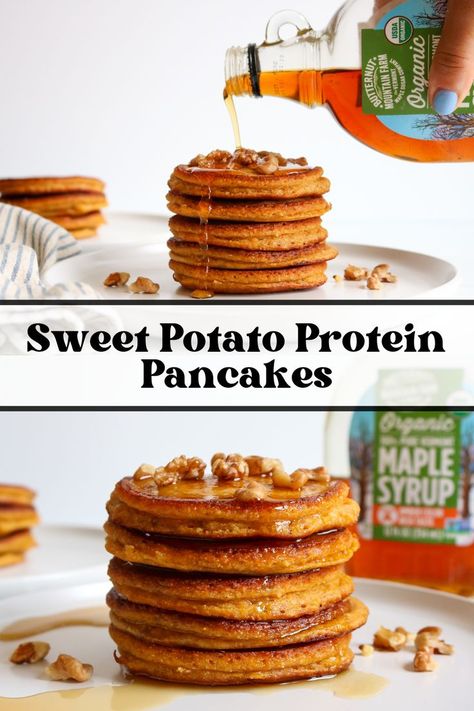 Protein Sweet Potato Pancakes, Shawn Stevenson Recipes, High Protein Sweet Potato Recipes, High Protein Sweet Breakfast, Protein Sweet Potato, Sweet Potato Pancakes Recipe, Healthiest Protein Powder, Protein Ideas, Sweet Potato Pancakes