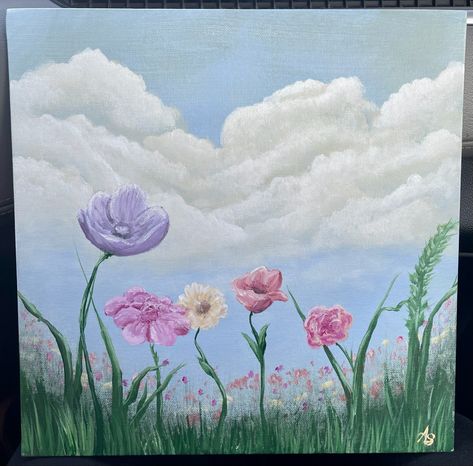 Puffy clouds over a field of spring flowers Season Painting, Painting Parties, Inspired Painting, Canvas Painting Designs, Spring Painting, Aesthetic Pastel, Painting Designs, Spring Is Coming, Aesthetic Pastel Wallpaper