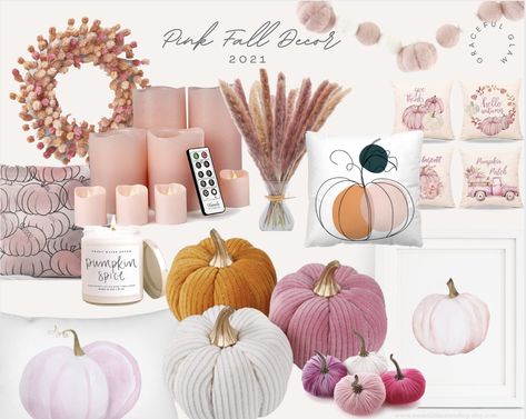 Pink Fall Decor Bedroom, Fall Decorating With Pink, Blush Pink Fall Decor, Fall Decor Glam, Pink And White Fall Decor, Pink Autumn Decor, Pink Harvest Decor, Pink Fall Bedroom Ideas, Pink Door Fall Decor