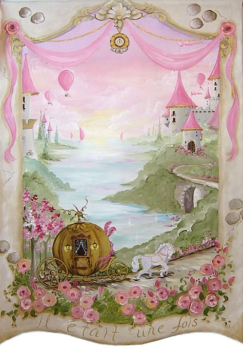 Il etait une fois wall hanging by me Kris Langenberg.  Princess Art Princess Castle Painting, Princess Castle Mural, Princess Wall Painting, Princess Painting Ideas, Fairytale Aesthetic Wallpaper, Princess Wall Mural, Cinderella Painting, Princess Mural, Princess Background