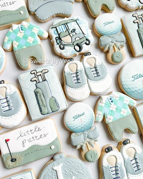 Little putter on the way. Golf themed baby shower in pastel blues and greens with an argyle print. My favorite are the little golf shoes.   #golfcookies #golfbabyshower #golftheme #babyshowercookies #boybabyshower #sacramentoevents #sacramentobaker" Golf Pretzel Rods, Vintage Golf Baby Shower Ideas, Golf Party Cake Ideas, Masters Baby Shower Ideas, Baby Boy Golf Shower Ideas, Golf Baby Shower Cookies, Golf Themed Cookies, Golf Baby Shower Theme, Baby Shower Golf Theme